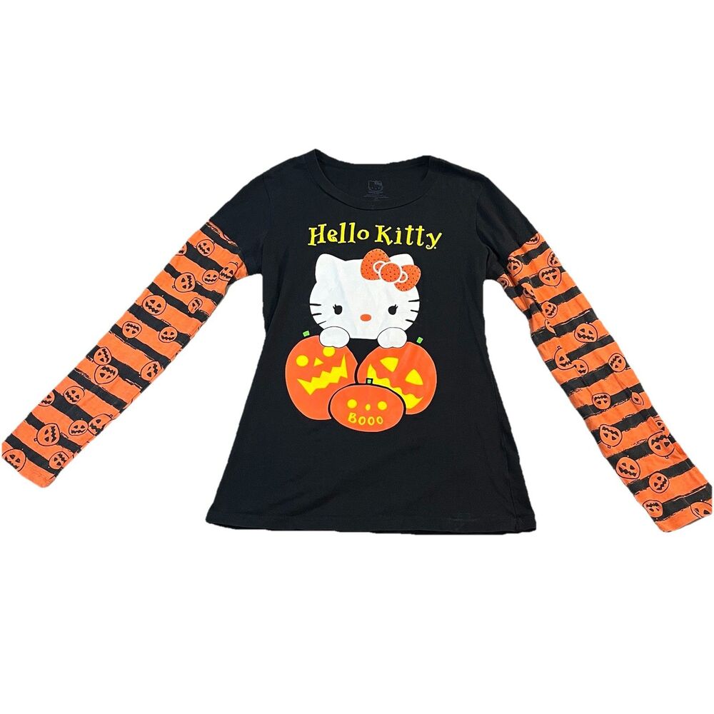 Sanrio Hello Kitty Black Orange Pumpkins Long Sleeve Halloween Shirt Size 11/13